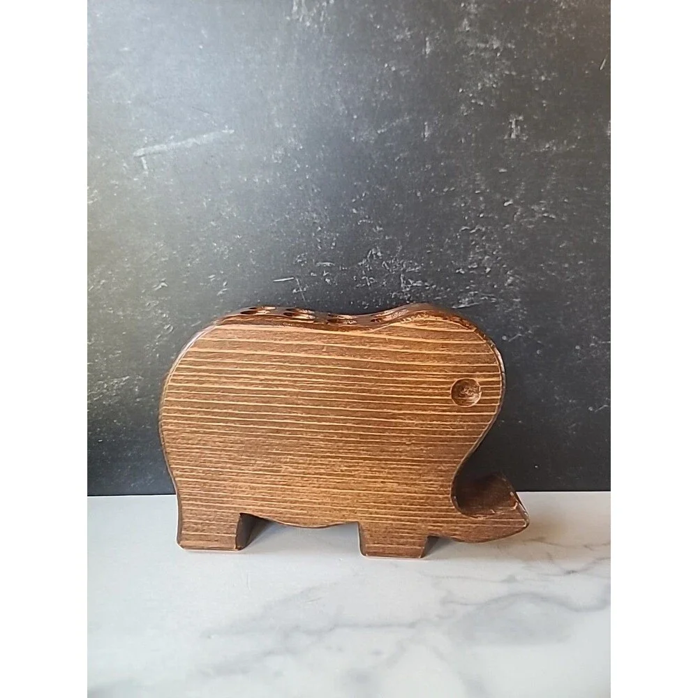 Wooden Elephant Shaped Handmade Pencil Holder Vintage